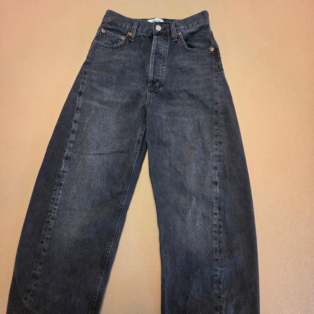 AGOLDE Luna High-Rise Pieced Taper Jeans in Possess (Faded Black) Sz 24